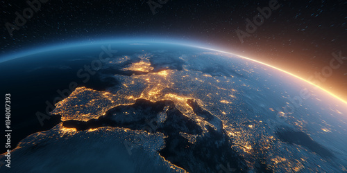 Wallpaper Mural Europe continent viewed from orbit at night showing brightly lit cities and glowing atmosphere Torontodigital.ca