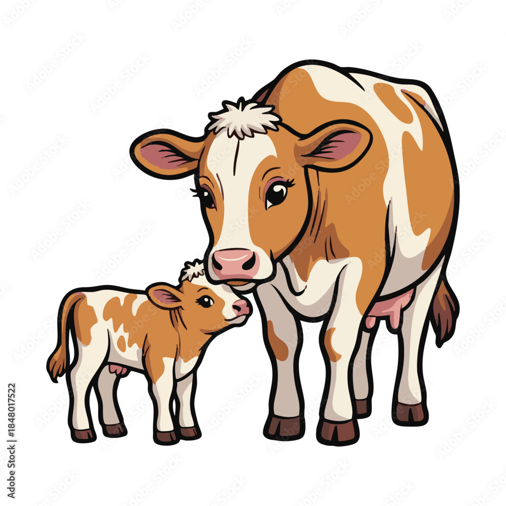 Fototapeta premium Mother Cow and Calf Illustration
