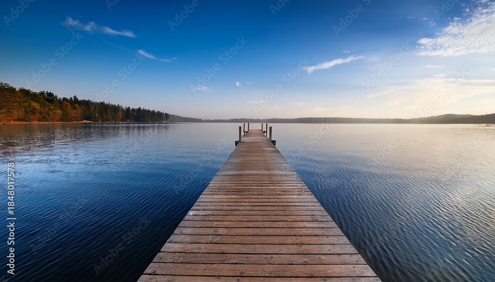 Naklejka premium wooden dock on calm water serene wooden dock extends into tranquil water wooden serene wooden dock extends into tranquil water