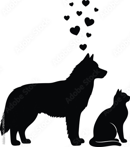 Dog and cat silhouette, pet love illustration, black vector art, animal companionship, heart symbols, affectionate clipart design
