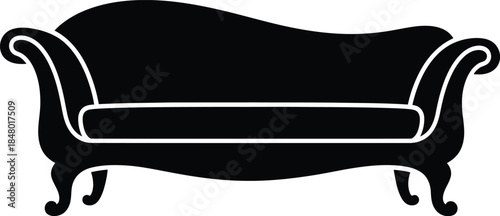 Classic black silhouette of a vintage style sofa with elegant curved arms and legs