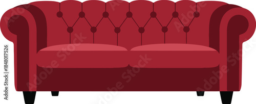 Red Tufted Chesterfield Sofa Vector Illustration, Two-Seater Loveseat Furniture, Classic Couch Icon, Isolated Graphic Element, Living Room Design, EPS Symbol