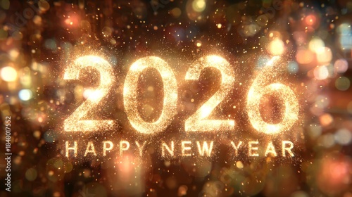 Sparkling 2026 Golden New Year Celebration Bokeh Background.