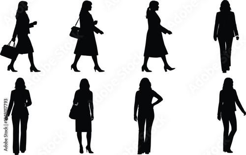 Female silhouette poses, fashion posture icons, walking and standing women, black vector art, stylish outfit clipart, design elements