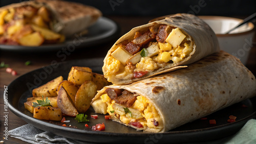 Delicious breakfast burritos with scrambled eggs and potatoes