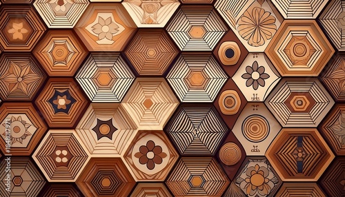 abstract geometric pattern of hexagons with floral designs in brown and beige tones creating a visually appealing texture