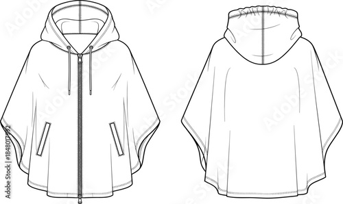 Hooded poncho technical sketch, front and back view, fashion design, garment illustration, zipper pockets, vector template, apparel construction