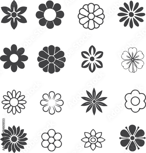 A diverse collection of elegant flower icons and floral silhouettes for various design projects