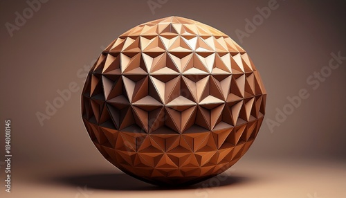 abstract geometric sphere with triangular facets in shades of brown against a neutral background for modern design projects