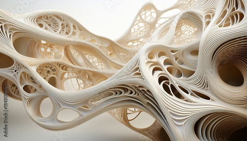 abstract cellular structure with flowing organic shapes in neutral tones on a clean white background