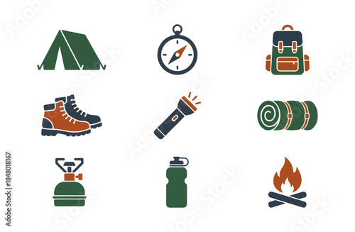 Camping equipment icons illustration adventure outdoors