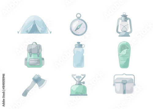 Camping equipment set illustration isolated on black background