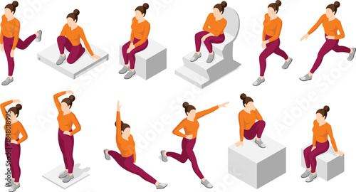 Isometric woman character poses set showing walking sitting jumping gestures, daily activities, female animation frames, modern lifestyle illustration collection