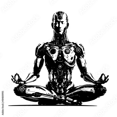 futuristic android meditating in lotus position vector image illustration