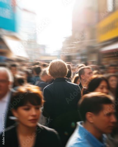 Crowded street with people walking in sunlight and blurred motion