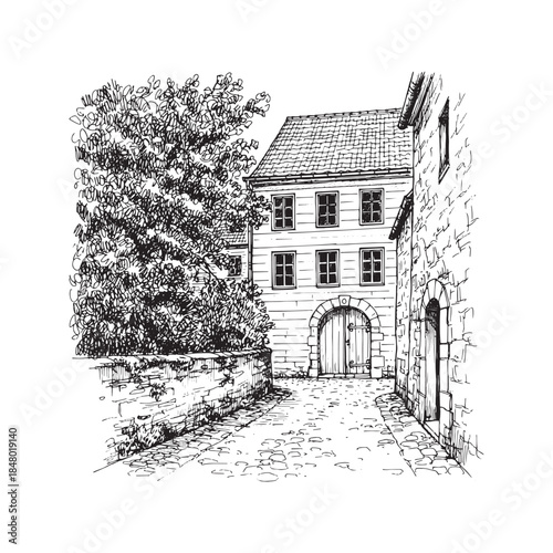 Hand drawn architectural sketch of traditional Turkish houses in a narrow street. Black and white ink illustration of historic Ottoman style building with wooden windows and cobblestone road in Amasya