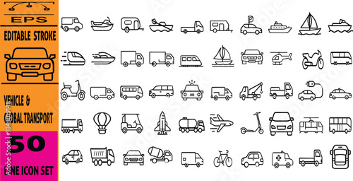 Vehicle icon set. Containing car, bike, plane, train, bicycle, motorbike, bus, scooter, and more.. Editable stroke. outline Vector illustration set