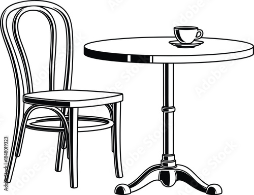 Simple black and white bistro set with chair and table on transparent background