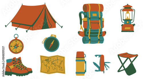 Camping equipment set illustration outdoor adventure vector