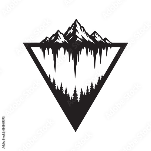 Geometric mountain range and pine forest silhouette in an inverted triangle shape, minimalist black nature vector illustration or logo design isolated on white background.
