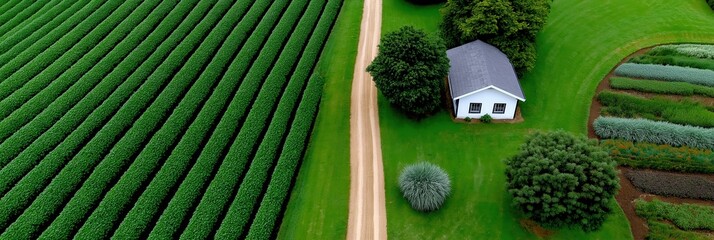 Fotobehang Groen Aerial view showcasing a rural landscape featuring neatly arranged green fields, a dirt road, and a small white house surrounded by trees. Serene countryside scenery.  © SerPak