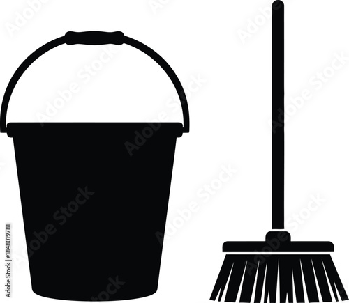 Black silhouette of a bucket and broom on transparent background