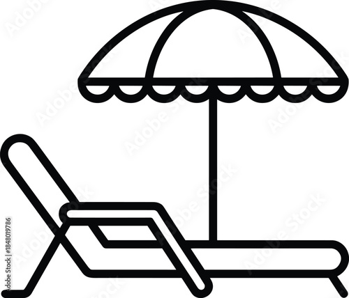 Beach chair and umbrella line icon, summer vacation symbol, relax lounge sign, travel holiday graphic, vector illustration for tourism design.