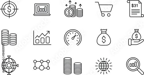 Finance and business line icon set, money growth, investment target, data analysis, shopping cart, global market, vector symbols.