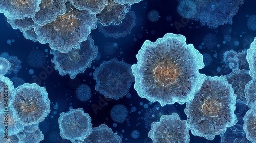 Microscopic organisms with intricate cellular structures illuminate a deep blue background