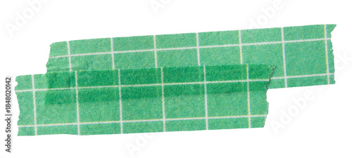 Ripped torn paper adhesive green grid pattern washi tape on transparent background