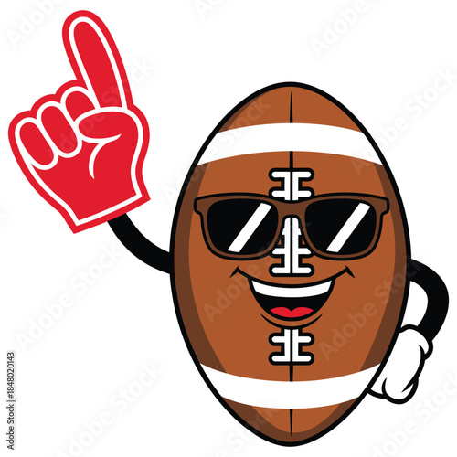 American football ball smiling with sunglasses and foam finger, fun sports humor illustration for fan art, team spirit themed graphics, game day designs,