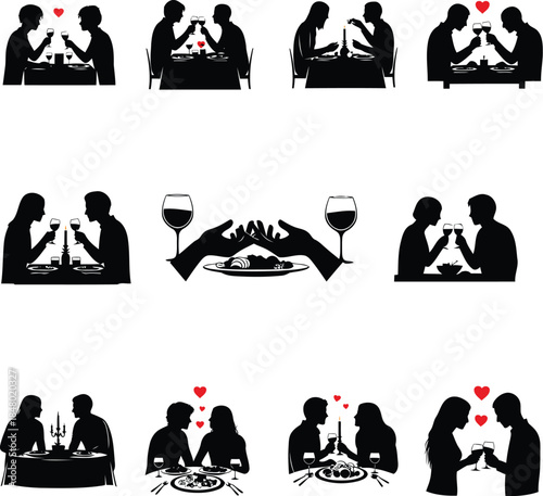 Couple enjoying romantic dinner together silhouette icon set