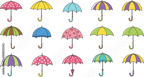 A vibrant vector illustration featuring a set of fifteen colorful umbrellas with diverse patterns like polka dots, hearts, and stripes, perfect for weather-themed designs and accessories.