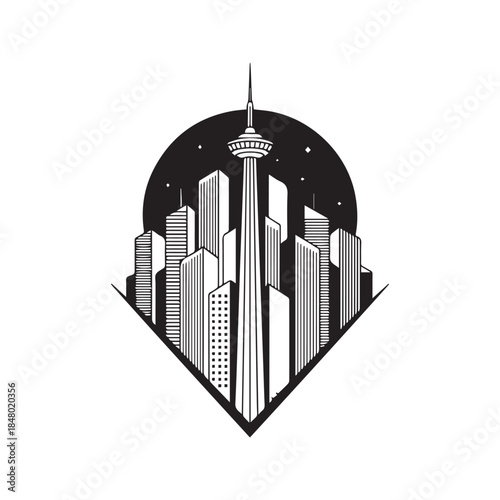 Geometric black and white city skyline vector illustration with skyscrapers and a starry night circle background, enclosed in a triangular frame logo design isolated on white.
