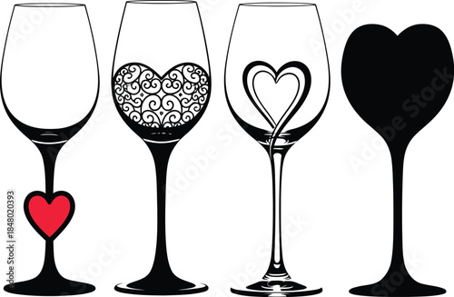 Wine glasses with heart designs in various styles