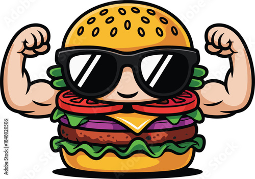 Muscular cartoon burger wearing sunglasses flexing arms
