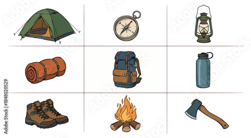 Camping equipment tent compass lantern backpack and more