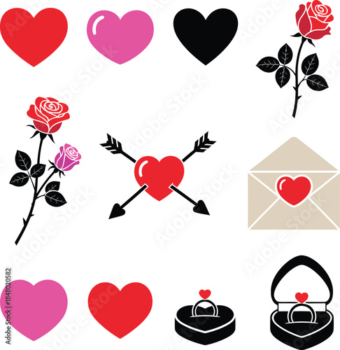 Collection of black silhouette love icons on white background
