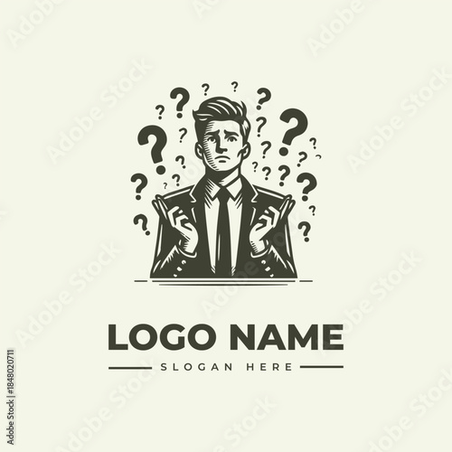 Vector illustration of a man in a suit with question marks around his head and a logo name text below on a beige background.