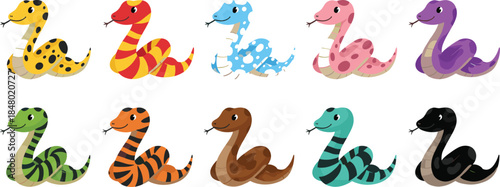 A charming vector set of ten cute and friendly kawaii-style snake characters featuring diverse vibrant colors, playful patterns, and adorable expressions for children's designs.