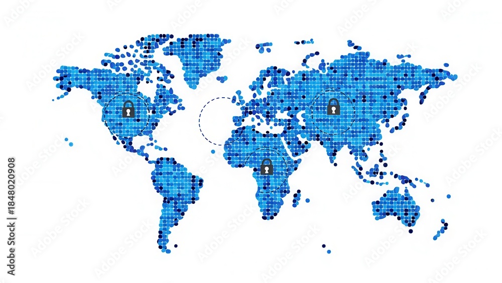 Fototapeta premium A stylized world map featuring lock icons, symbolizing global security and data protection. Ideal for technology and cybersecurity themes.