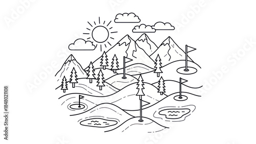 Golf course illustration mountains sun flags and trees in a vector design