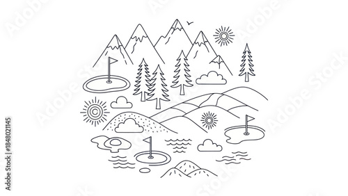 Golf course illustration mountains trees sun and flags for sports design