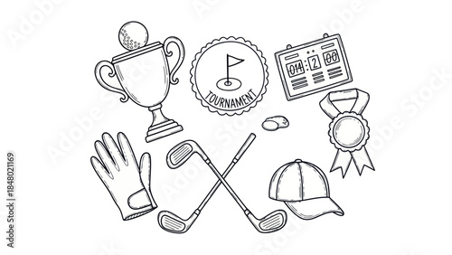 Golf elements illustration trophy clubs ball and other sport equipment