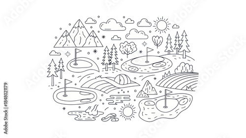 Golf course illustration scenic landscape with flags mountains and hills