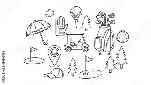 Golf equipment and course elements in a linear vector illustration style