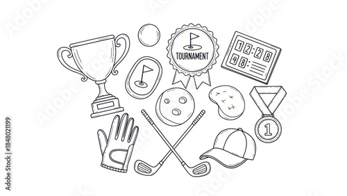 Golf elements illustration trophy ball club glove medal badge isolated