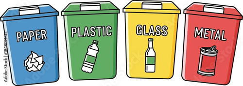 Four recycling bins for paper plastic glass and metal on transparent background