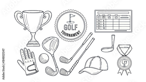Golf equipment and tournament elements in black and white vector illustration