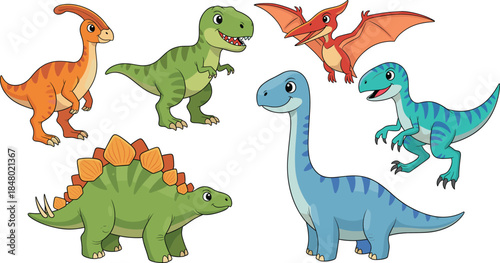 Cute Dinosaur Cartoon Vector Illustration Set Featuring T Rex Stegosaurus Brachiosaurus Velociraptor Pterodactyl and Friendly Prehistoric Characters for Kids Education Design